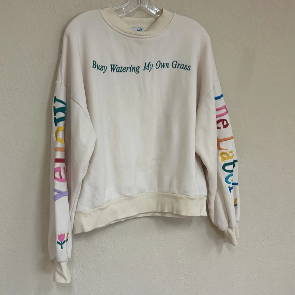 Cream Crewneck Sweatshirt w/ Rainbow Lettering & Embroidered Floral Accents - Picture 3 of 7